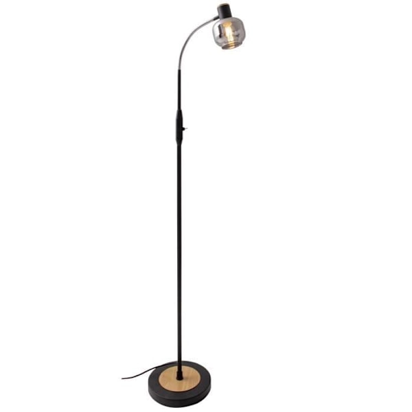 Gulvlampe - FUMOSO - Sort metal, naturligt træ - Røget glas - E14 - 148 cm Sort, Naturlig