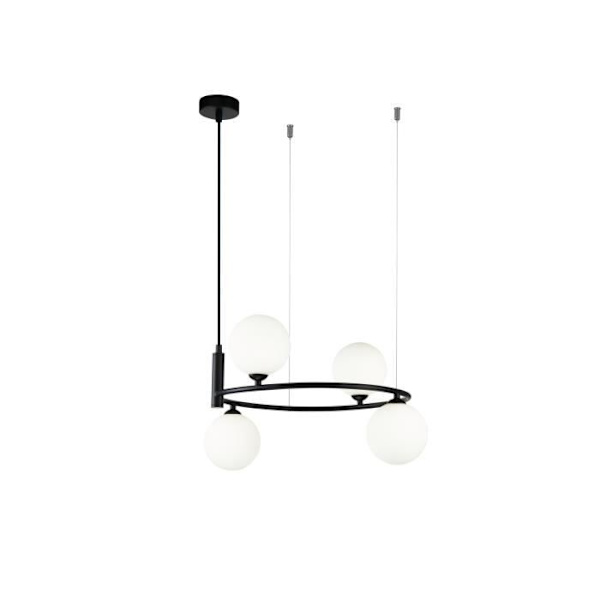 Utsökt 4-Light Suspension Chandelier, skålformad, svartfärgad metallram, vitfärgade taklampor i glas, för