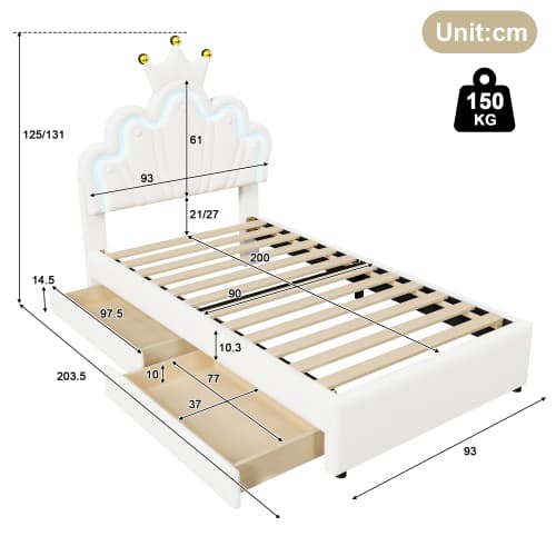 Vit Princess Spjälsäng 90x200 cm med LED & Låda | PU-överdrag White