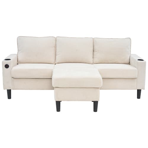 Bäddsoffa med USB-C – 3-sits klädd i linne | Med 2 dryckeshållare för vardagsrum/sovrum | Modern design Beige
