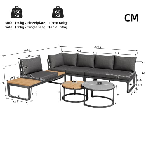 Trädgårdsmöbelset (4-5 sitsar), 2 stapelbara soffbord, galvaniserad järnram, bekväma trädgårdsmöbler Grey