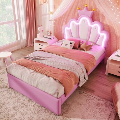 Rosa prinsess sängram 90x200 cm med LED & lådor | PU-överdrag Pink