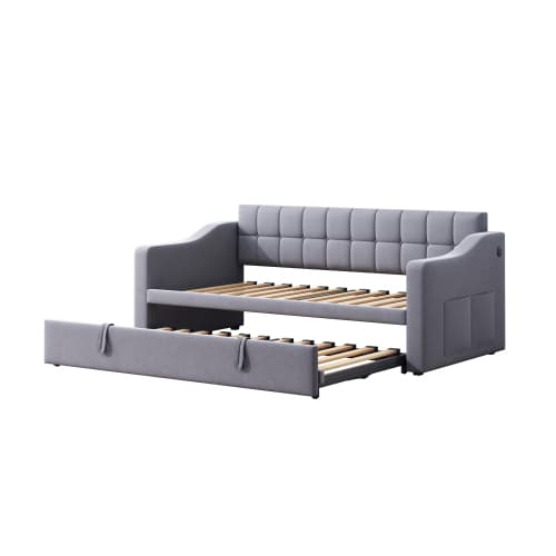 Seng polstret sovesofa 2-i-1 (90x180cm) Grå – fløjl med stik & opbevaringstaske, multifunktionelle møbler Gray