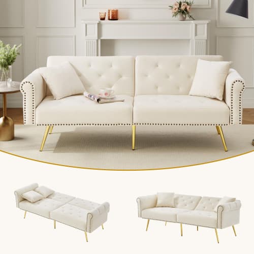 Modern 2-sits bäddsoffa med sammetsöverdrag – 3-vägs justerbart ryggstöd & gyllene metallfötter Beige