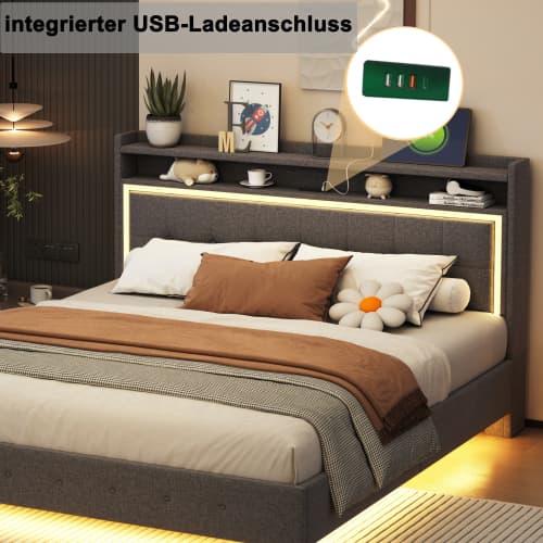 Dubbelsäng 160×200 cm med USB & LED-belysning | linnegrå | platt sängdesign Gray