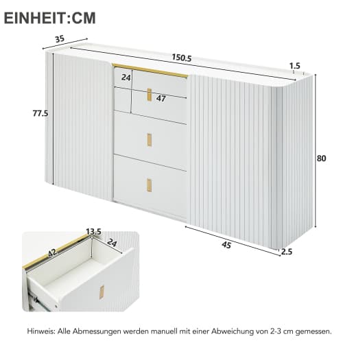 LED Skænk 150 cm Bred Med 2 Døre & 2 Skuffer, Multifunktionel Kommode & Highboard Med Belysning White