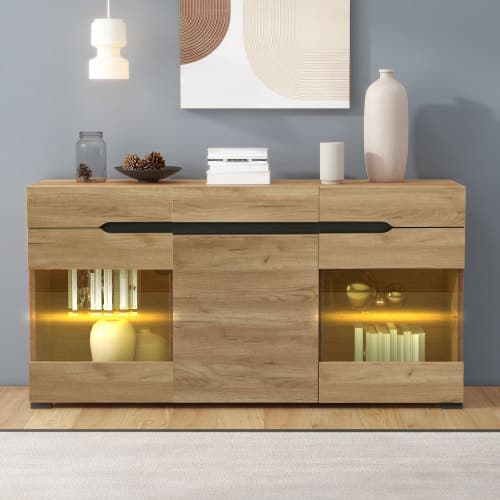 Moderne LED skænk, skab med 3 døre & 3 skuffer, stor opbevaringsplads, buffet & kommode til opholdsområde Natural