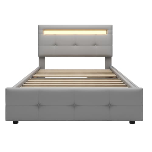 Modern stoppad säng 90×200 cm med LED-belysning - linnetyg & 2 lådor (grå) Grey