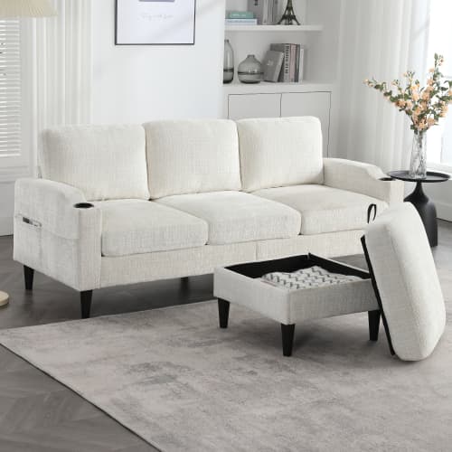 Elegant 4-sits soffa med pall & förvaring – sammetsöverdrag & praktiska funktioner Beige