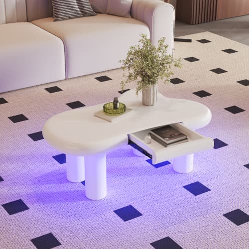 Vitt moln soffbord med LED-belysning – Modernt MDF-bord med låda & 16 färger RGB-ljus White