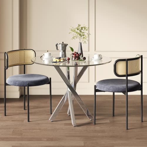 Matgrupp med 2 stolar & 80x80 cm glasskiva - Galvaniserade bordsben, grå stolar, silver silver