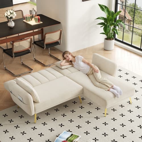 Modern L-formad fällbar soffa, hörnsoffa med sovfunktion & extra hörn, för vardagsrum, gästrum och hemmabio Beige