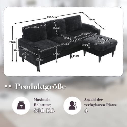 Lyxig soffgrupp med pall | 4-sits Samptoptic | multifunktionell vardagsrumssoffa med förvaringsutrymme Black