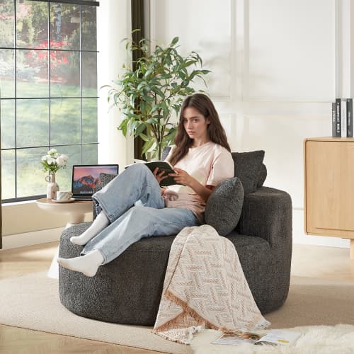 Fåtölj i chenille, ingen montering krävs, fluffig gungstol för vardagsrum & sovrum, modern & bekväm Grey
