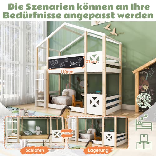 Sängträdkoja med stege 90 x 200 cm, högsäng för barn – 2x säng – Natur & Vit White