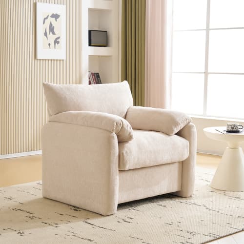 Överdimensionerad fåtölj i chenille - Modern enkelsoffa i designlook - Bekväm fritidsstol för vardagsrum & sovrum - Dekorativ & mysig Beige