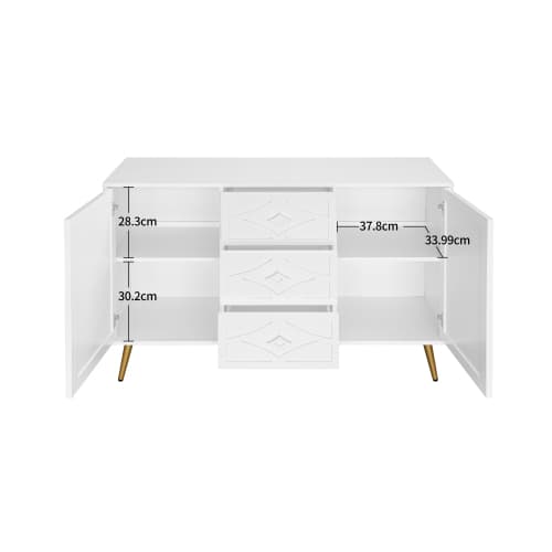 Kommode med diamantmønster og guldfødder, 3 skuffer og 2 døre, 120x80cm, hvid, elegant design til flere rum White