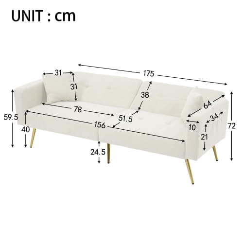 Premium bäddsoffa med sängfunktion – 180x90 cm, justerbart ryggstöd, ben i guldmetall, inkl. kuddar & sidofickor White