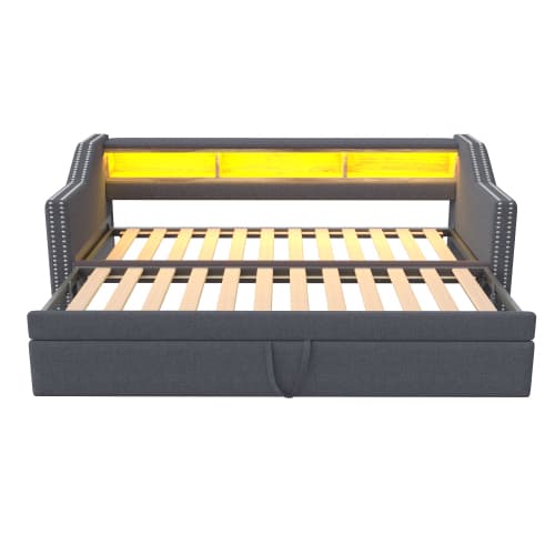 Soffa med bäddfunktion 90/180x190 cm mörkgrå - utdragbar säng med LED, USB & förvaringsfack (multifunktionell soffa, inkl. ribbotten) DARK GREY