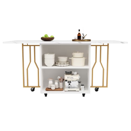 Bärbart hopfällbart bord med marmoroptik – multifunktionellt matbord med gyllene ben & hjul White