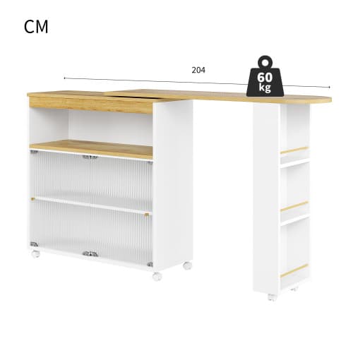Vitt utdragbart barbord med LED & stort förvaringsutrymme – Modernt bistrobord (138-204×39×105 cm) White