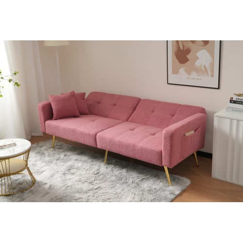 Modern bäddsoffa med sängfunktion – justerbart ryggstöd, ben i guldmetall & praktiska sidofickor Pink