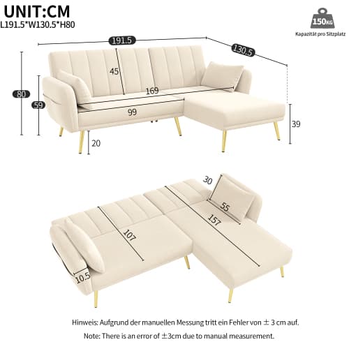 Modern L-formad fällbar soffa, hörnsoffa med sovfunktion & extra hörn, för vardagsrum, gästrum och hemmabio Beige