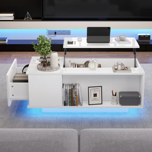 Höj- och sänkbart soffbord vitt (100x50x40cm) - med LED-ljus, låda & dolt förvaringsutrymme White