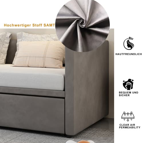 Grå utdragbar bäddsoffa 90-180x200 cm - multifunktionell säng med ribbotten & sammetsöverdrag Gray