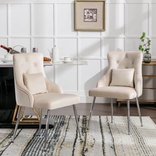 2-set matstolar med knappmönster, klädd stol, stolar med metallben Beige