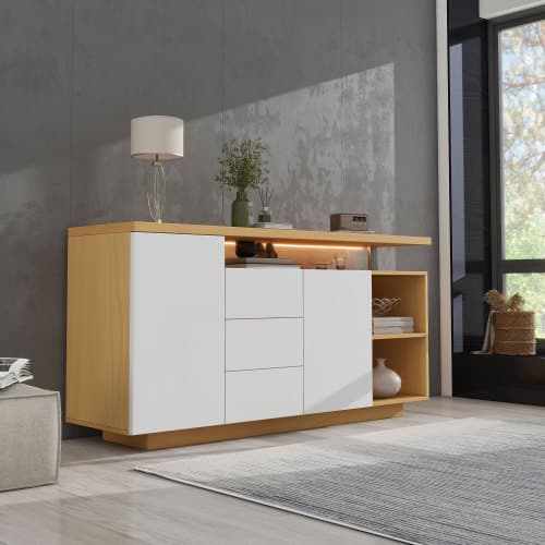 Modern skänk i vit/trägolv – 140 cm längd med LED-belysning & mångsidigt förvaringsutrymme White