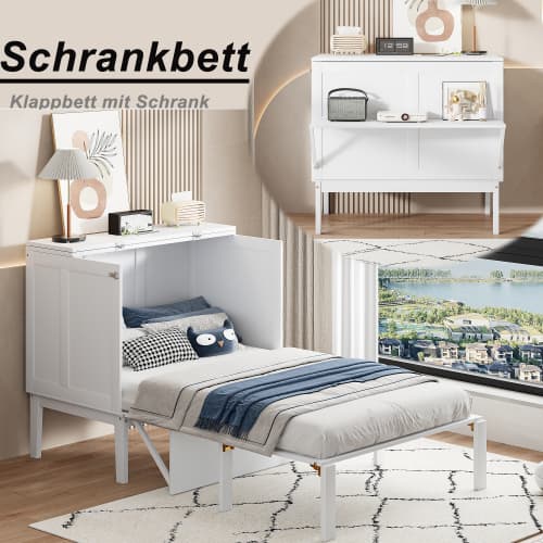 Väggfällsäng 90×200 cm | Vit | Med sängram | Utrymmesbesparande garderobssäng White