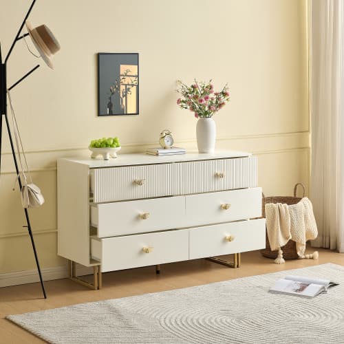Skänk 120x40x75 cm med 6 lådor - Vit/Guld, MDF & stål, för vardagsrum & sovrum White