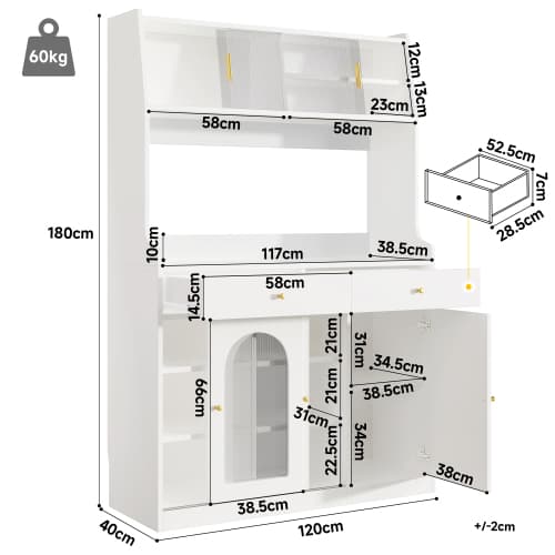 Modernt matrum med LED-belysning – 2 lådor, justerbara hyllor & 3 ljusfärger – vit White
