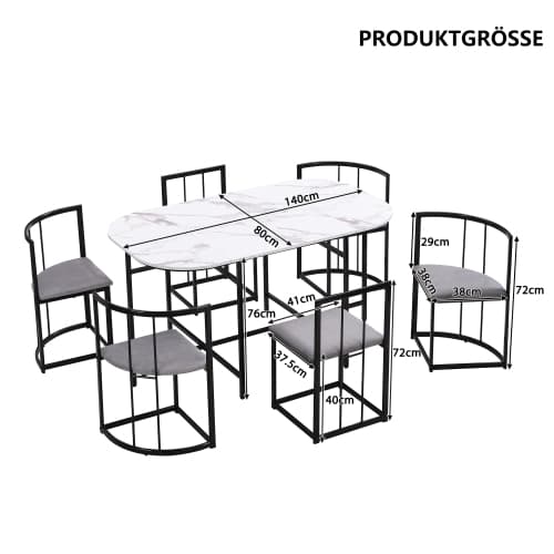 Modern 6 matbordsset i vitt/grått – rektangulärt bord med grå vadderade stolar & svart järnram Black