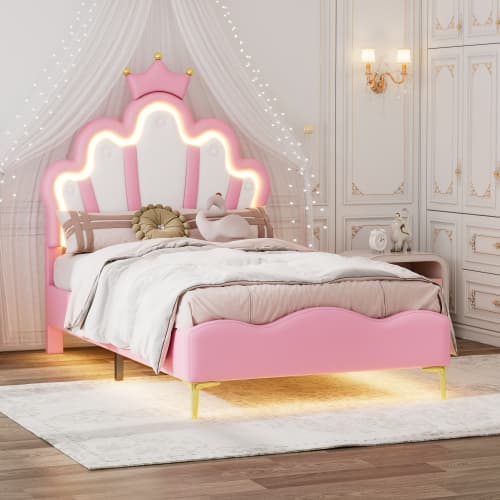 Rosa prinsessäng 90x200 cm | Med LED-belysning & PU-läderklädsel Pink