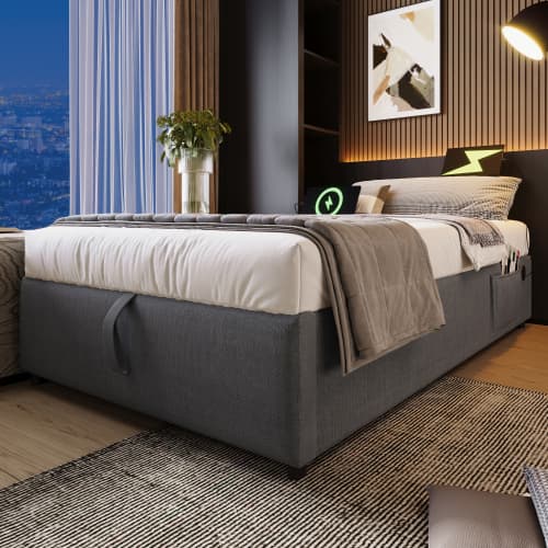 Enkelsäng 90×200 cm, sängram med USB-C och komplett sängram, utan sänggavel, bomull, grå Grey