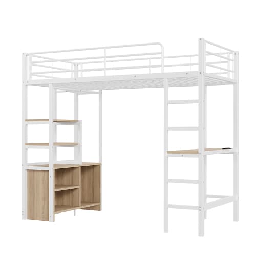 Vit hög säng 90x200 cm med skrivbord & förvaring | Järnram White