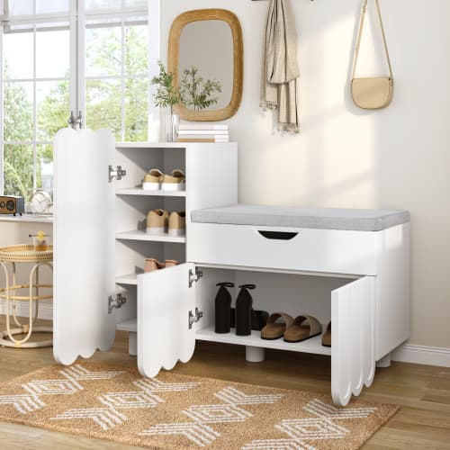 Modern skoskåp med 3 dörrar, låda och sitsklädsel – vit White