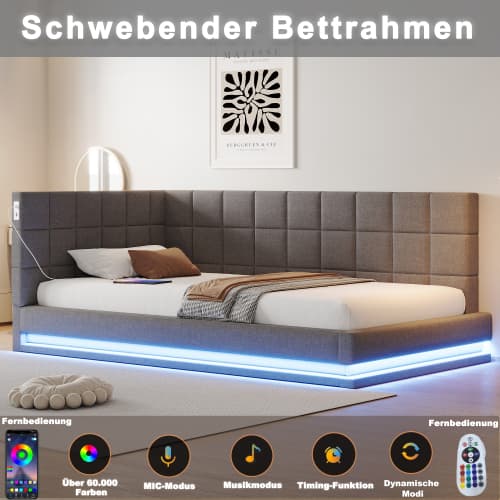 Bäddsoffa 90x200 cm - grå sammet (hudvänlig) - Med LED-ljusramp & USB - inkl. ribbotten - multifunktionell gästsäng Gray