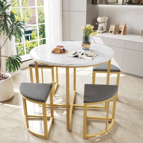 Modern matgrupp, 1 bord + 4 stolar, lyxig design med guldram & sammetsstolar, grå White+gray