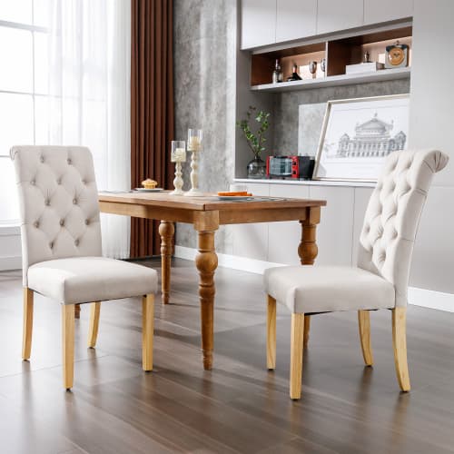 Set med 6 matstolar med ben i ek, knapp, kromad dörrknackare Sovrumsstol Köksstol Vardagsrum Fåtölj, Beige Beige