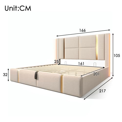 Dubbelsäng USB Typ C Laddningsfunktion APP-Kontroll LED 160×200 Förvaringssängar sängram, trä sängram Beige