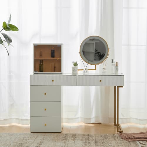 Elegant sminkbord med LED-belysning, härdat glas, inklusive skåp, modernt set, vit White