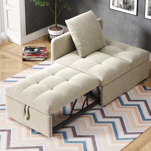 Seng polstret sovesofa 3-i-1 – linned med justerbart ryglæn, multifunktionel sovesofa til små rum (140x200cm) Beige