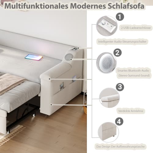 Smart bäddsoffa med klädsel 90/180×190 cm | Beige sammet | Med Bluetooth-ljud & USB Beige