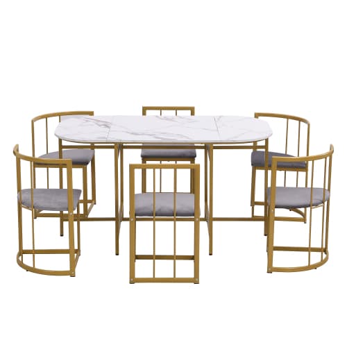 Modern 6 matbordsset i vitt/grått med gulddetaljer – elegant matrumskombination Gold