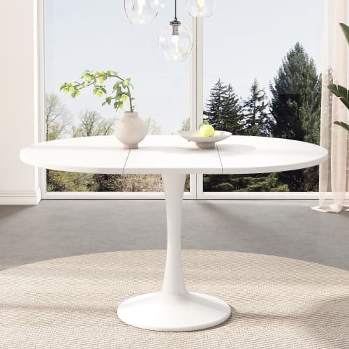 Utdragbart matbord, ovalt matbord, soffbord, längd 100/140 x bredd 100 x höjd 75 cm, modernt enkelt matbord, vit White