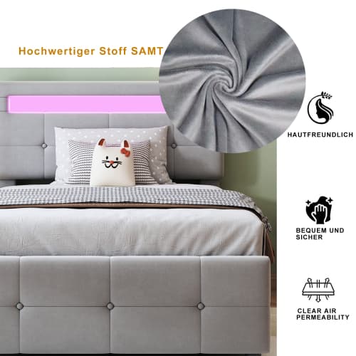 Barn-säng 90x200 - med LED & förvaring | Höjdjusterbar sammetsäng i grått | Högbox-design Grey