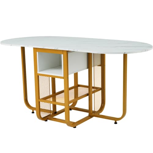 Vikbart matbord, expanderbart matbord, multifunktionellt utdragbart matbord, matbord med förvaringsutrymme, White+Gold